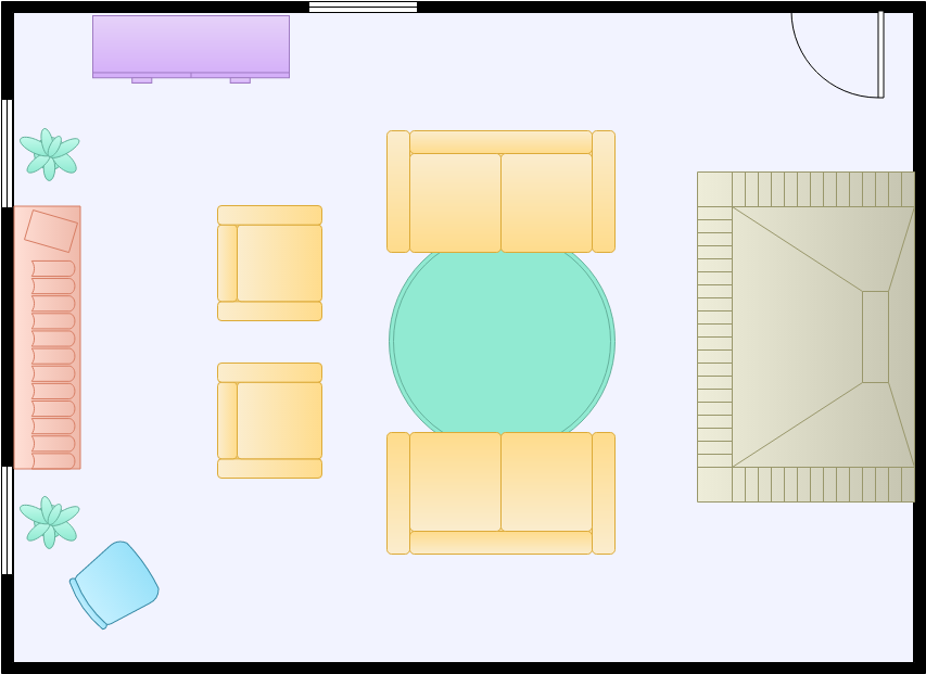 客廳平面圖 模板。 客廳 (由 Visual Paradigm Online 的客廳平面圖軟件製作)