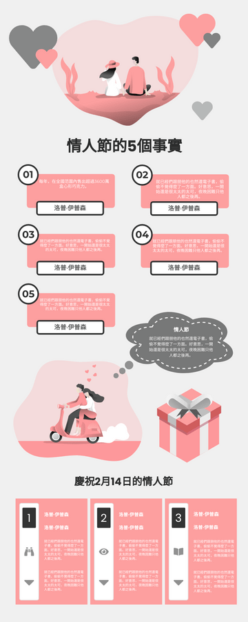 Editable infographics template:粉紅色情人節的5事實信息圖