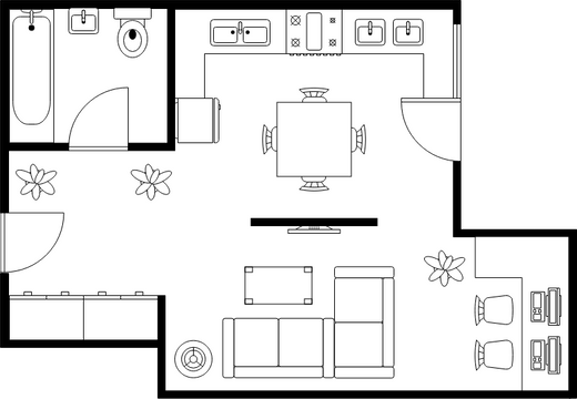 平面圖 模板。 開放式廚房平面圖的房子 (由 Visual Paradigm Online 的平面圖軟件製作)