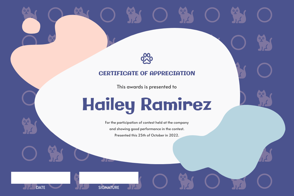 Certificate template: Purple Blobs And Cats Patterns Appreciation Certificate (Created by InfoART's Certificate maker)