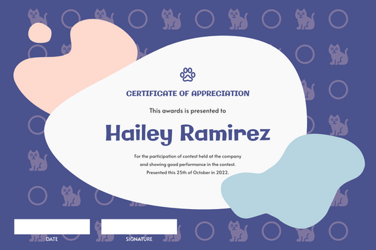 Certificates template: Purple Blobs And Cats Patterns Appreciation Certificate (Created by Visual Paradigm Online's Certificates maker)