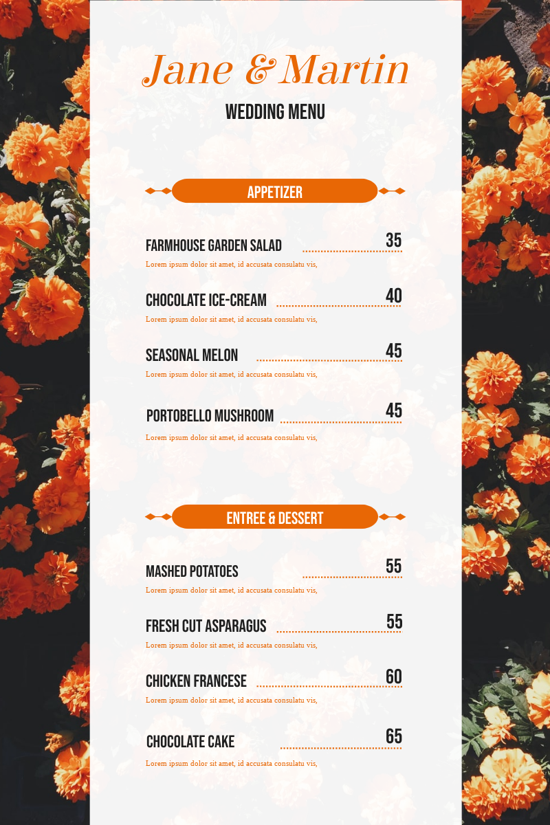 Menu template: Simple Orange Floral Photo Wedding Menu (Created by Visual Paradigm Online's Menu maker)