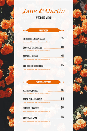 Editable menus template:Simple Orange Floral Photo Wedding Menu