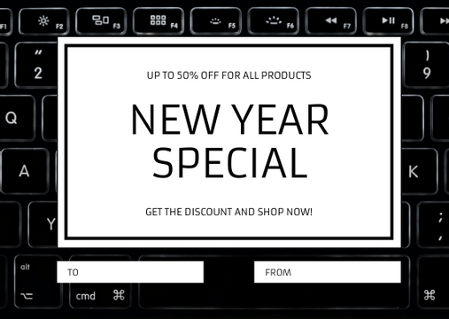 Editable giftcards template:Black And White Computer Photo New Year Gift Card