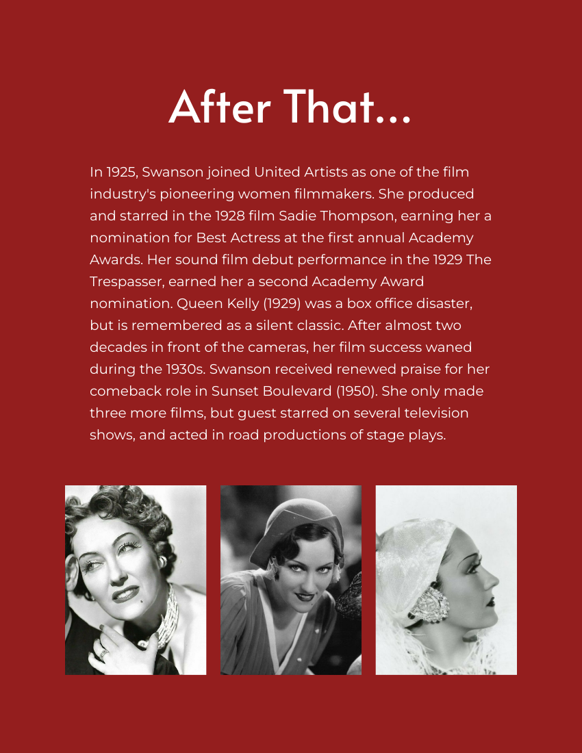 Biography 模板。Gloria Swanson Biography (由 Visual Paradigm Online 的Biography软件制作)