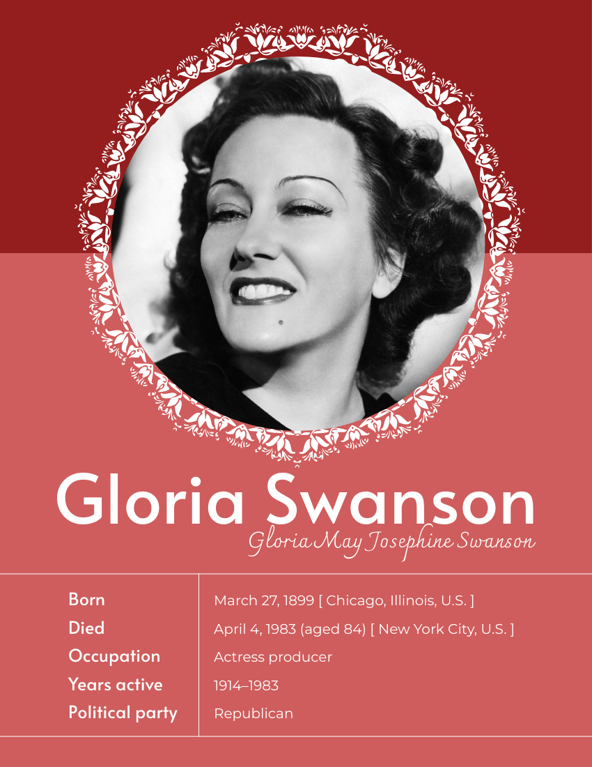 Biography 模板。 Gloria Swanson Biography (由 Visual Paradigm Online 的Biography軟件製作)