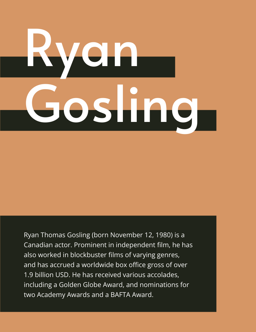 Biography 模板。Ryan Gosling Biography (由 Visual Paradigm Online 的Biography软件制作)