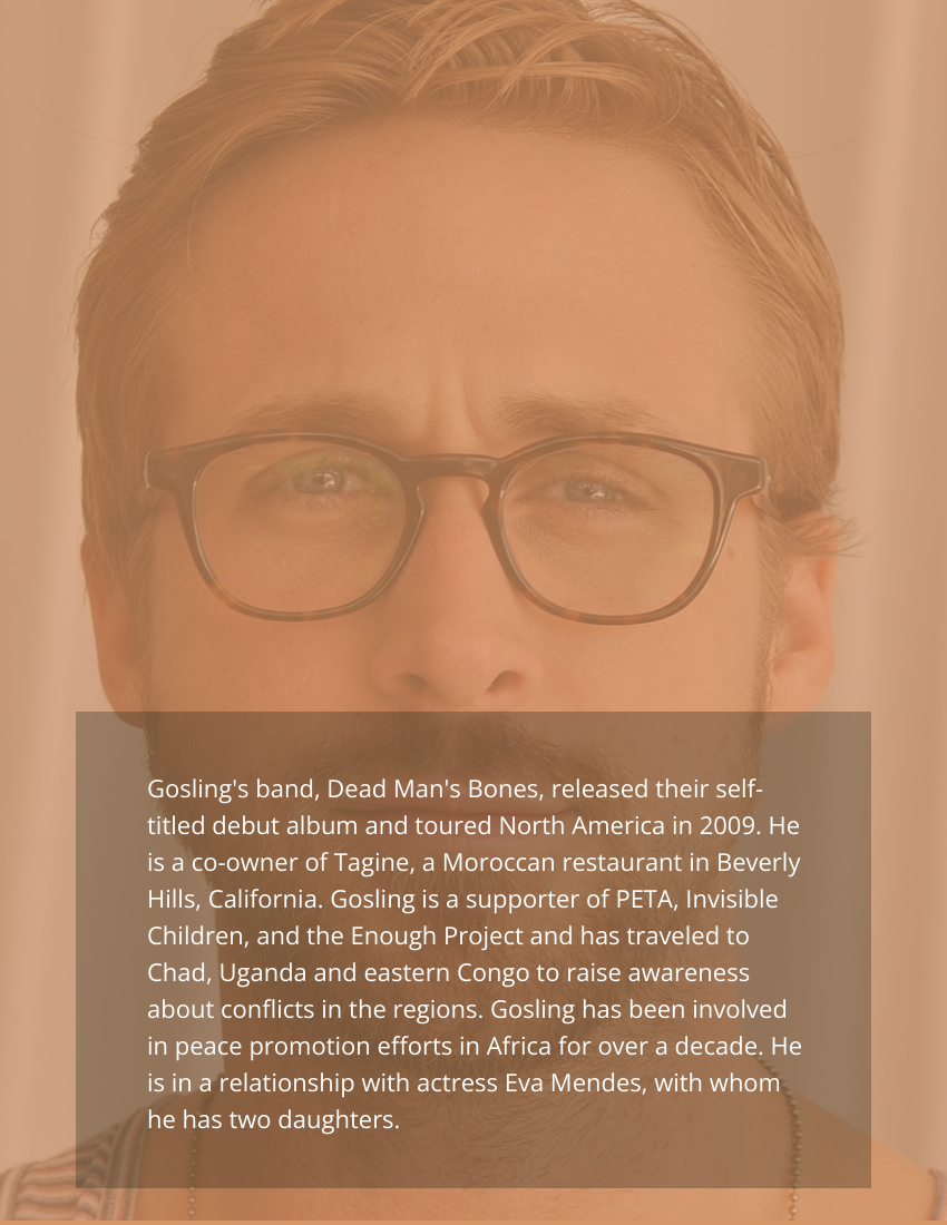 Biography 模板。 Ryan Gosling Biography (由 Visual Paradigm Online 的Biography軟件製作)