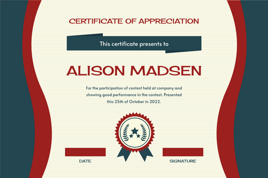 Certificate template: Blue And Red Curves Shape Award Certificate (Created by Visual Paradigm Online's Certificate maker)