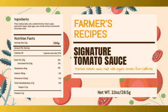 Editable labels template:Organic Tomato Sauce Label