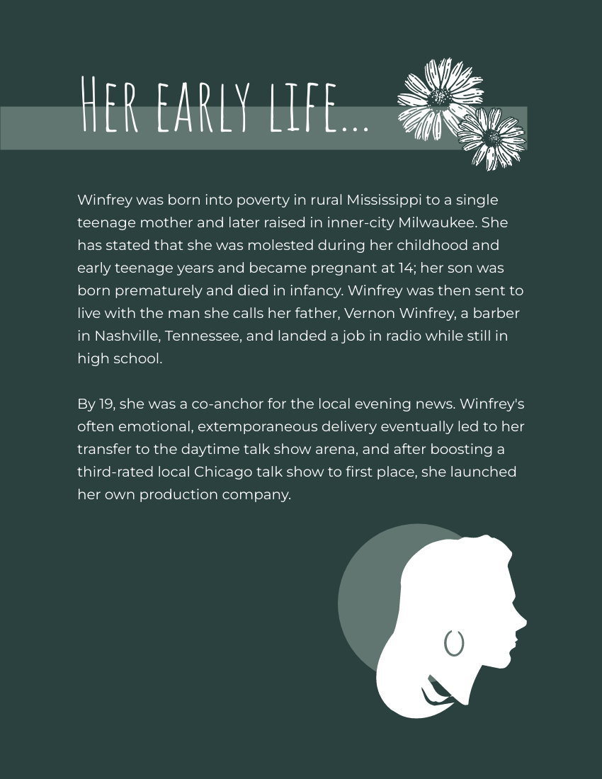 Biography template: Oprah Gail Winfrey Biography (Created by Visual Paradigm Online's Biography maker)