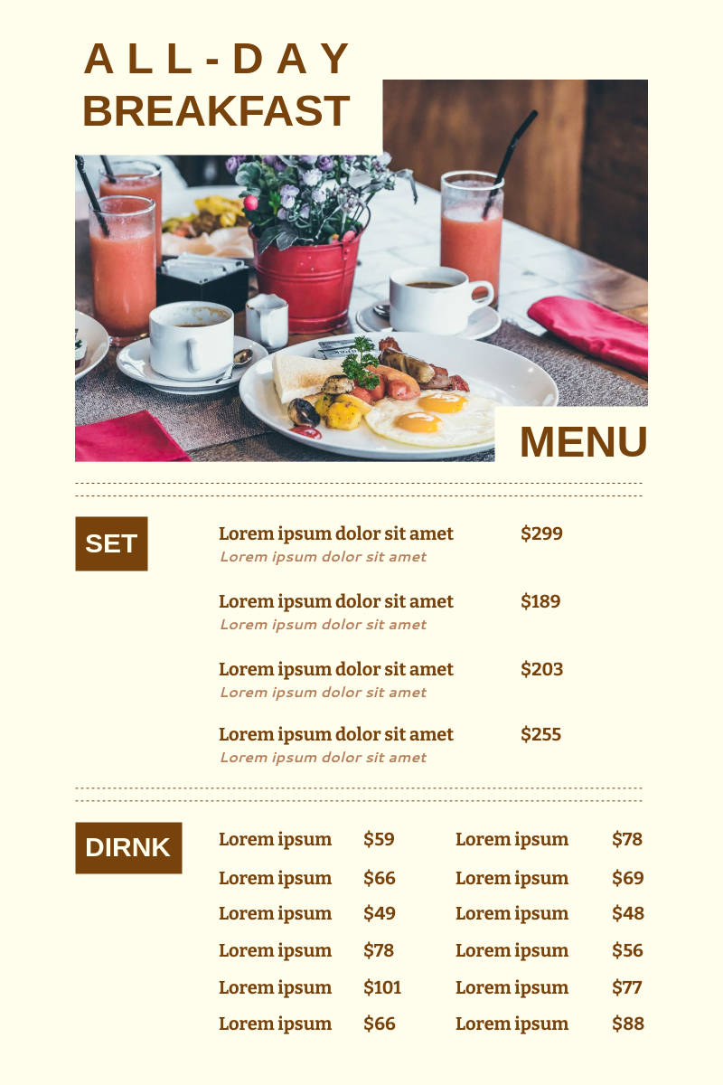 Menu template: All Day Breakfast Menu 2 (Created by Visual Paradigm Online's Menu maker)