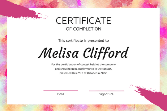 Certificate template: Sharp Pink Water Color Certificate (Created by Visual Paradigm Online's Certificate maker)