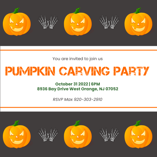 邀請函 模板。 Pumpkin Carving Party Invitation (由 Visual Paradigm Online 的邀請函軟件製作)