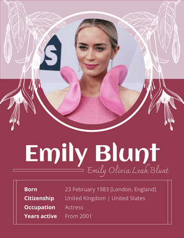 Biography 模板。 Emily Blunt Biography (由 Visual Paradigm Online 的Biography軟件製作)