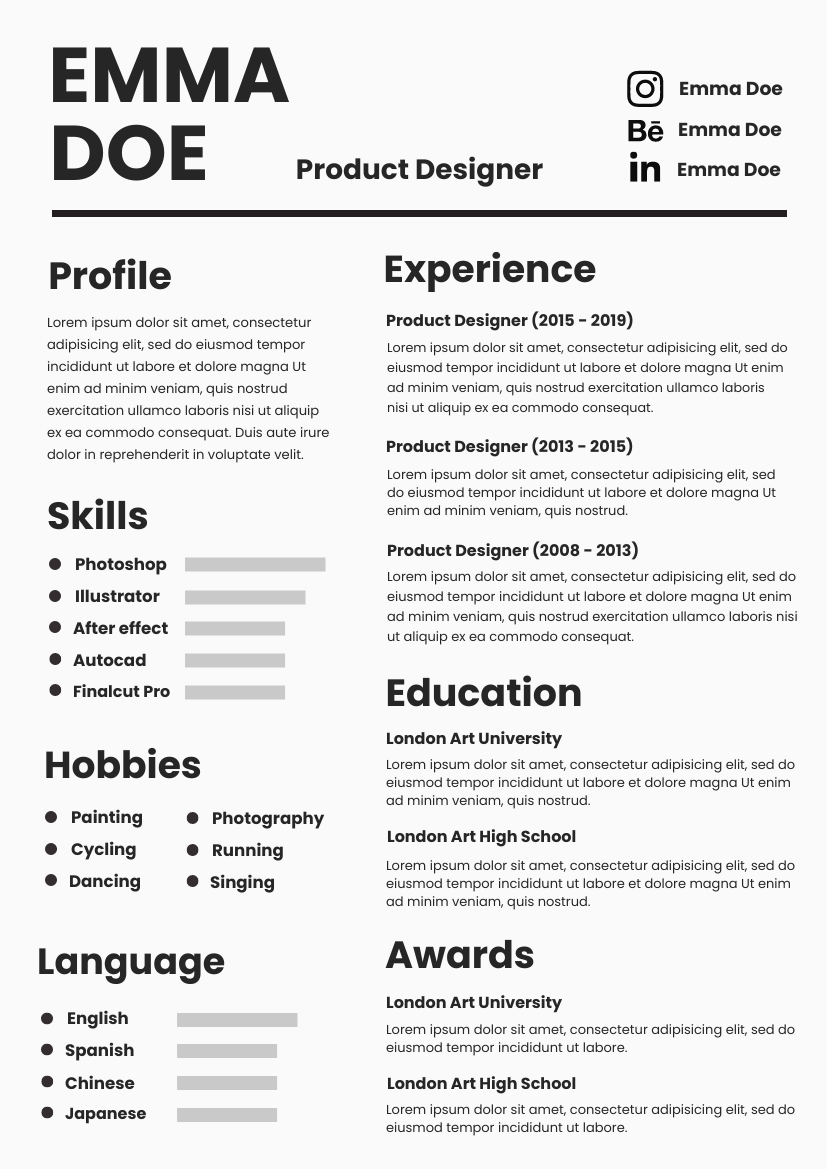 Resume template: Black And White Resume 2 (Created by InfoART's Resume maker)