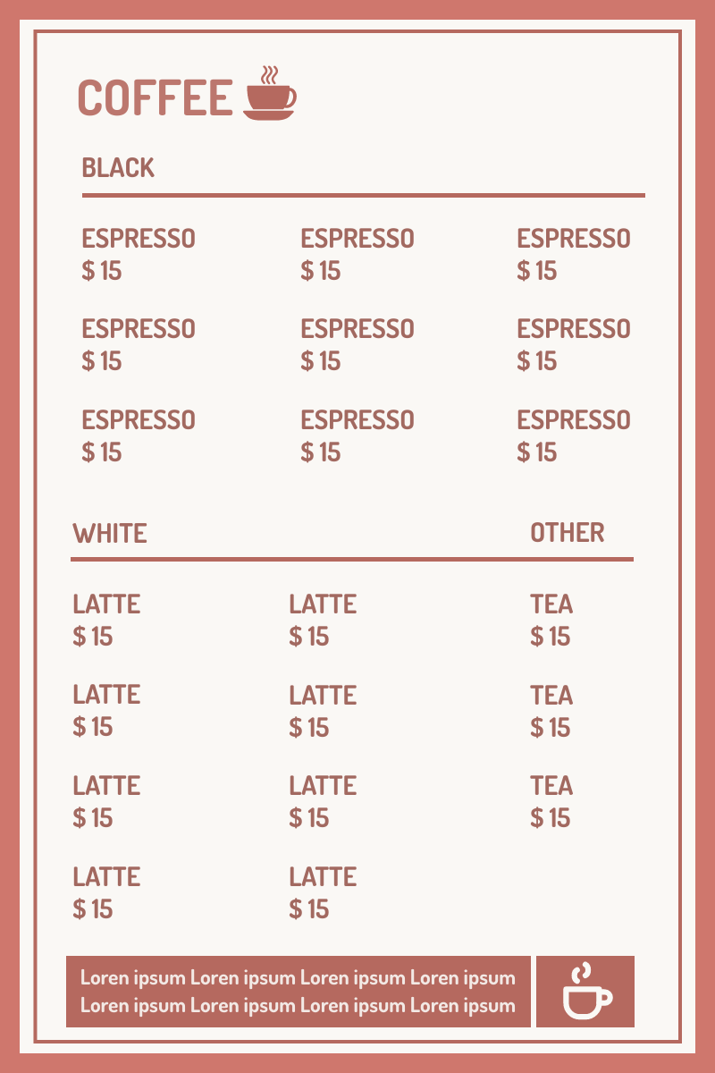 Menu template: Coffee Menu 3 (Created by InfoART's Menu maker)