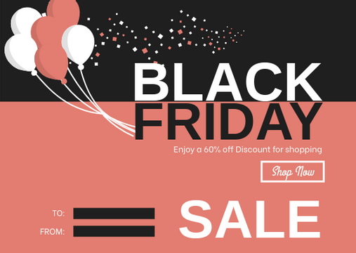 Editable giftcards template:Pink Balloon Black Friday Shopping Sale Gift Card