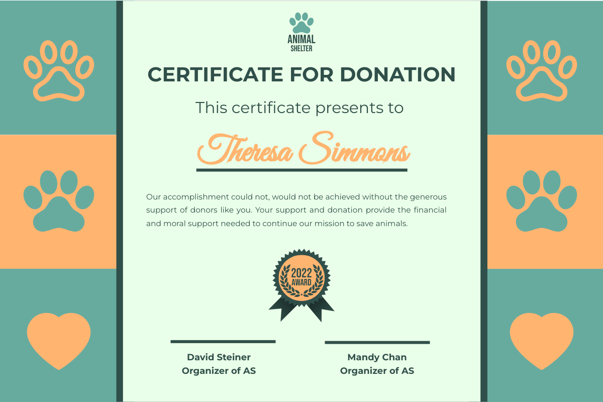 Certificate template: Green And Orange Certificate For Donation (Created by Visual Paradigm Online's Certificate maker)