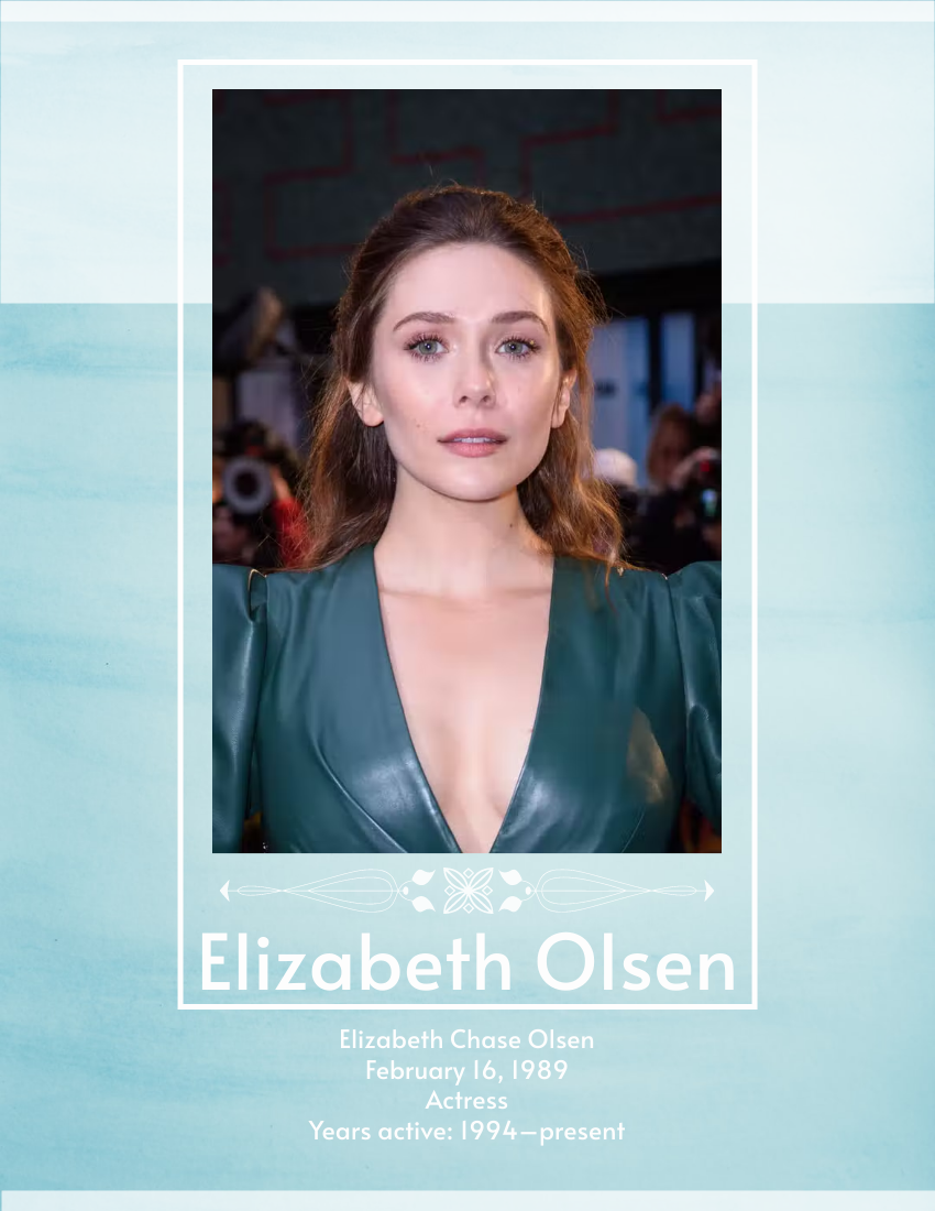 Biography template: Elizabeth Olsen Biography (Created by Visual Paradigm Online's Biography maker)