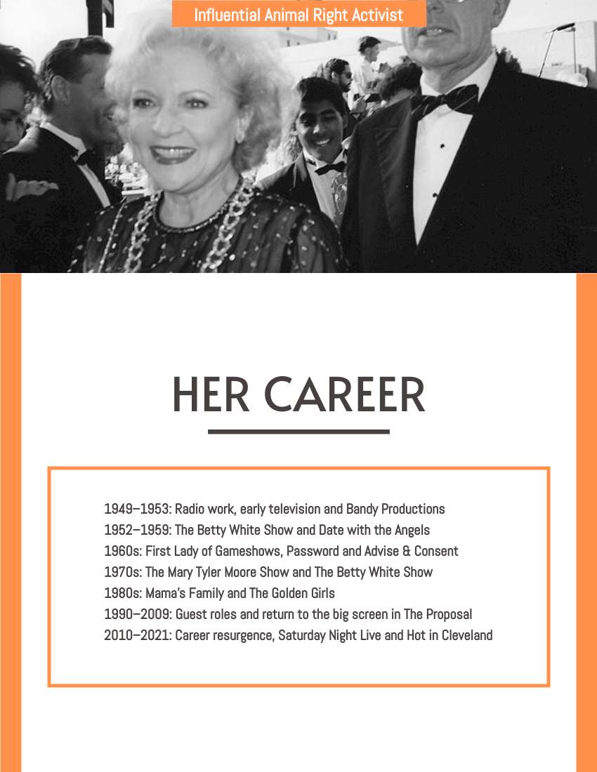 Biography template: Betty White Biography (Created by Visual Paradigm Online's Biography maker)