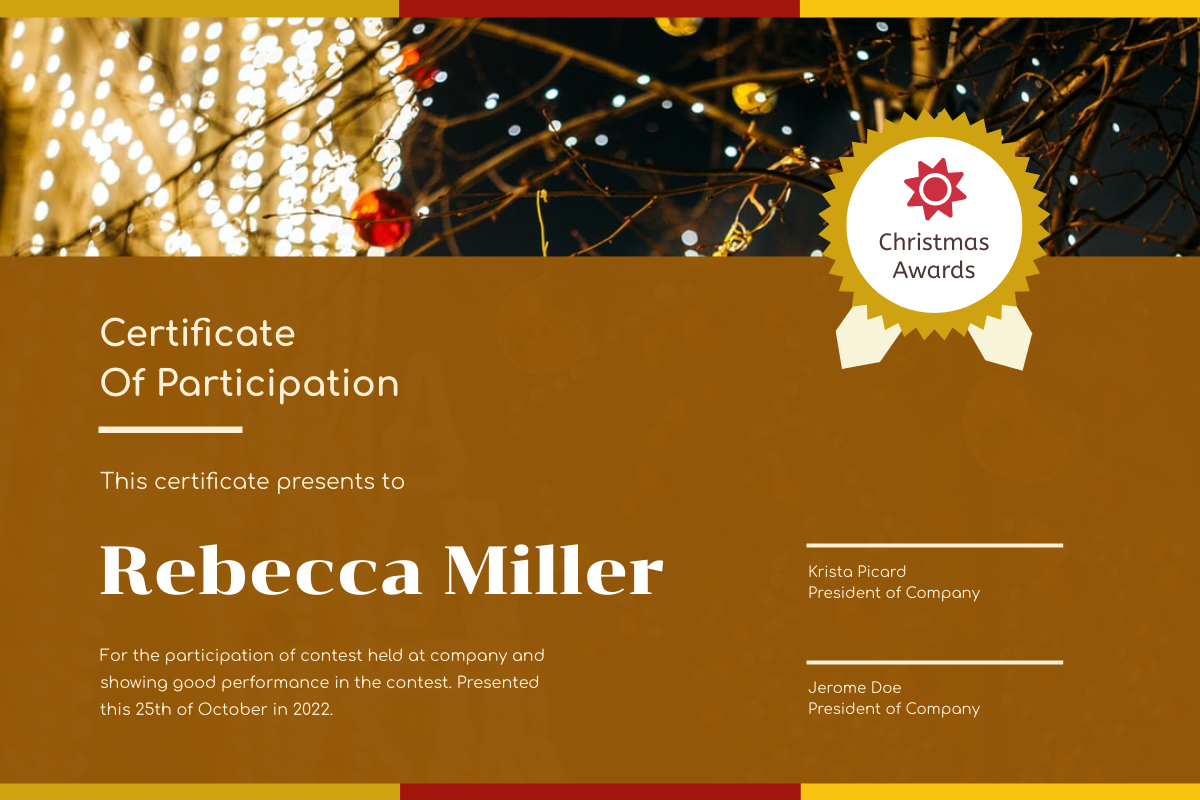 Certificate template: Brown Christmas Tree Decoration Certificate (Created by InfoART's Certificate maker)