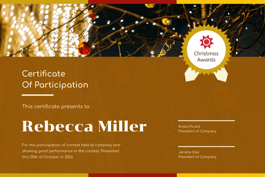 Certificate template: Brown Christmas Tree Decoration Certificate (Created by Visual Paradigm Online's Certificate maker)