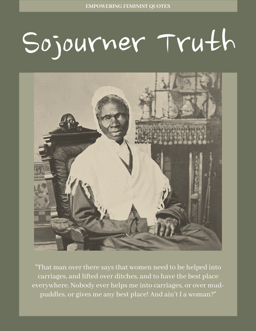 Quote template: That man over there says that women need to be helped into carriages, and lifted over ditches, and to have the best place everywhere. ―Sojourner Truth (Created by Visual Paradigm Online's Quote maker)