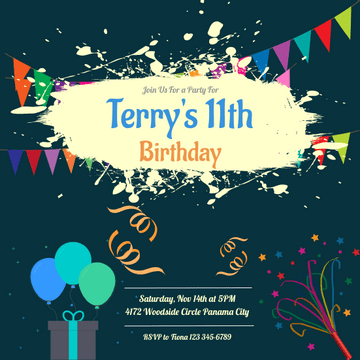 Editable invitations template:Terry's Birthday Invitation