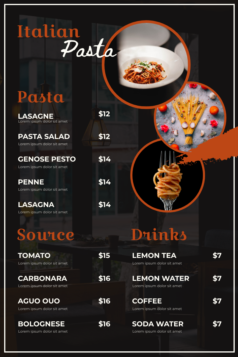 Menu template: Italian Pasta Menu (Created by Visual Paradigm Online's Menu maker)