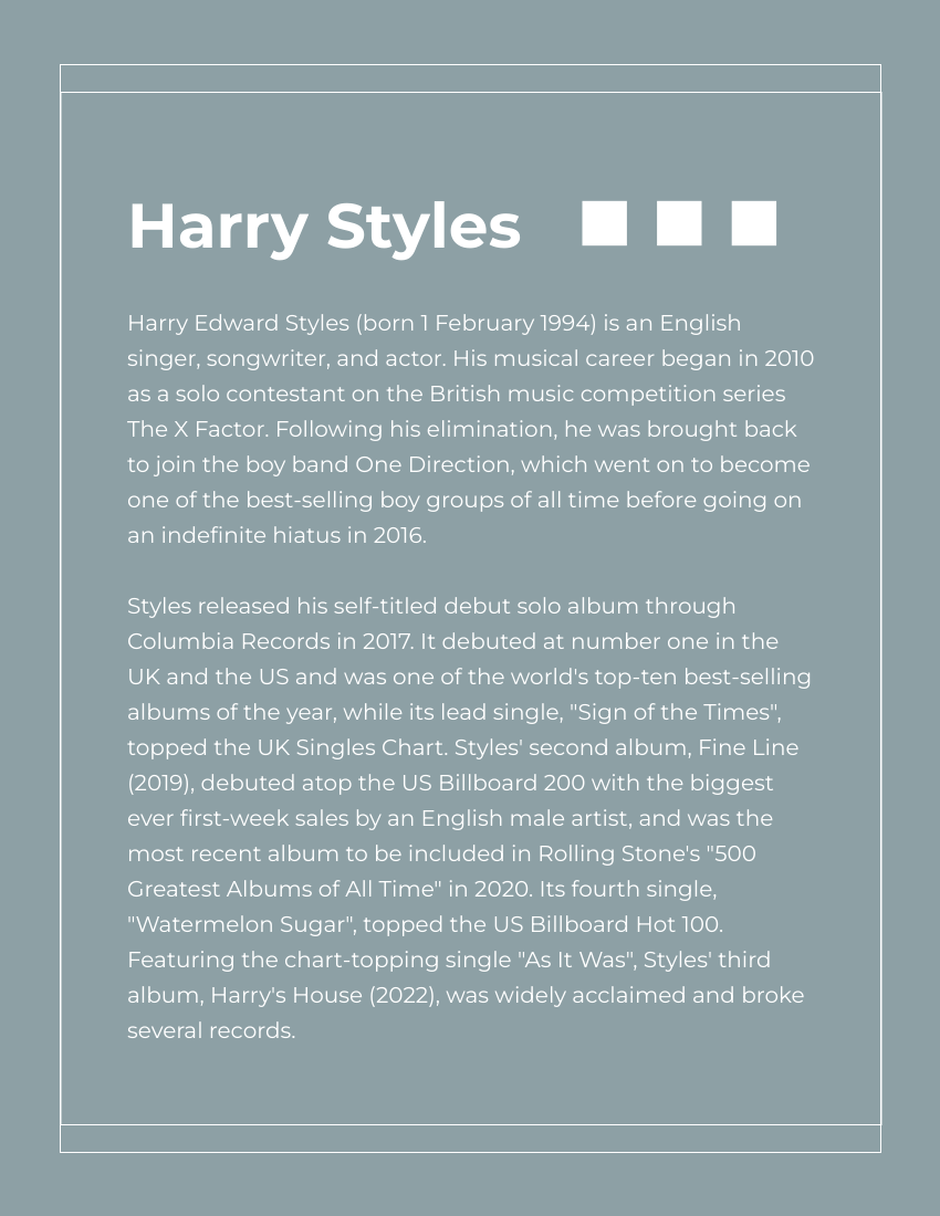 Biography template: Harry Styles Biography (Created by Visual Paradigm Online's Biography maker)