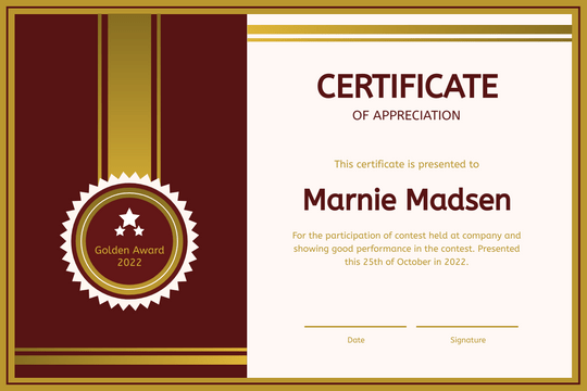 Certificate template: Red And Gold Large Badge Certificate (Created by Visual Paradigm Online's Certificate maker)