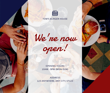 Editable facebookposts template:Red And Blue Burger Photo Restaurant Opening Facebook Post