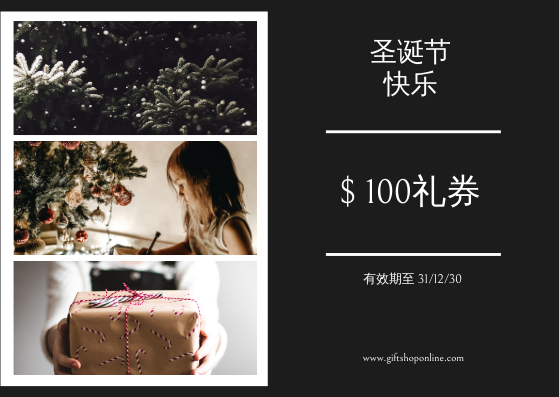 礼物卡 模板。黑色圣诞节照片100美元礼品卡 (由 Visual Paradigm Online 的礼物卡软件制作)