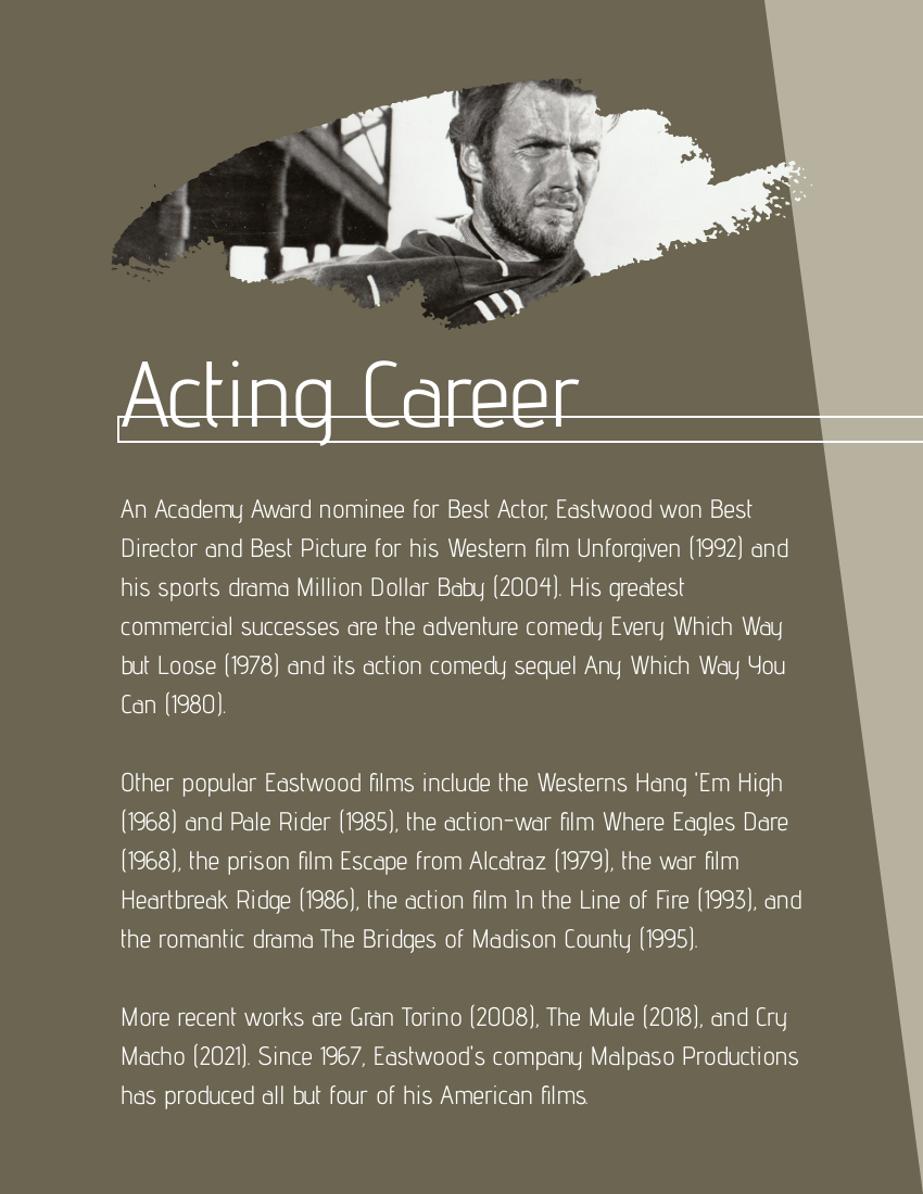 Biography template: Clint Eastwood Biography (Created by Visual Paradigm Online's Biography maker)