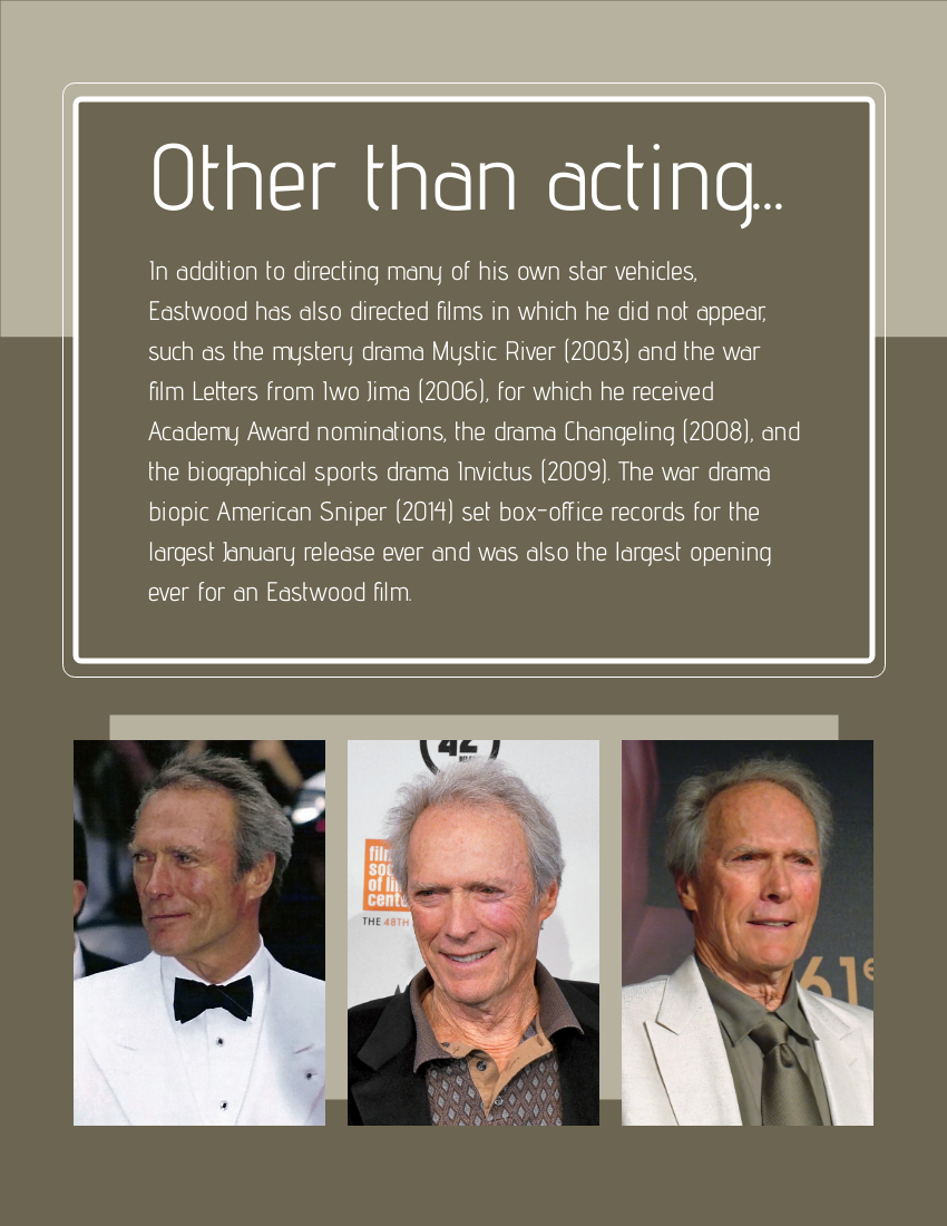 Biography template: Clint Eastwood Biography (Created by Visual Paradigm Online's Biography maker)