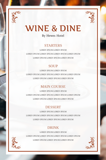 Simple Red Wine And Dine Hotel Restaurant Menu