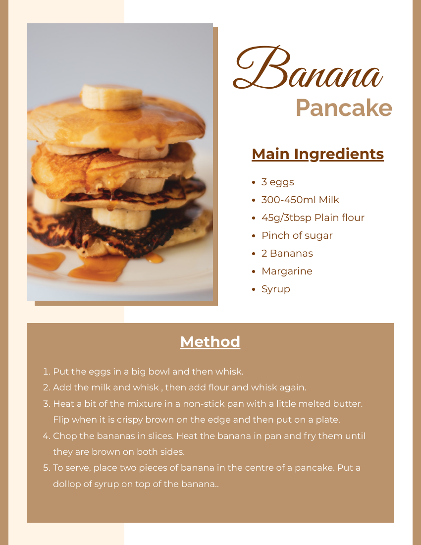 Recipe Card template: Banana Pancake Recipe Card (Created by Visual Paradigm Online's Recipe Card maker)