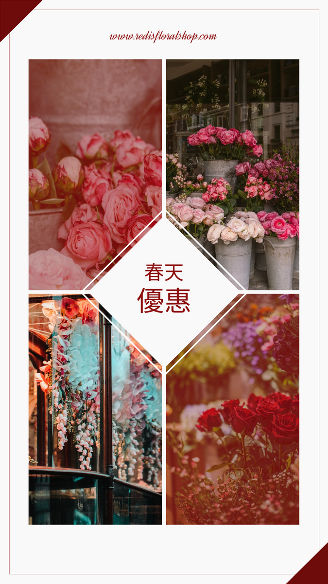 Instagram 故事 模板。 優雅的紅色花卉照片網格春季促銷Instagram故事 (由 Visual Paradigm Online 的Instagram 故事軟件製作)
