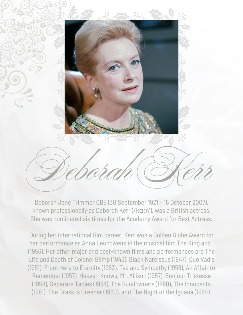 Biography template: Deborah Kerr Biography (Created by Visual Paradigm Online's Biography maker)
