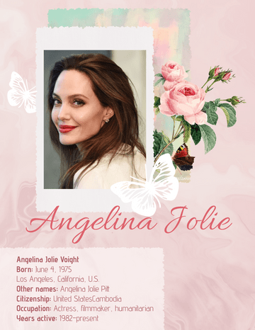 Biography template: Angelina Jolie Biography (Created by Visual Paradigm Online's Biography maker)