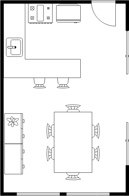 餐厅平面图 模板。带开放式厨房的餐厅平面图 (由 Visual Paradigm Online 的餐厅平面图软件制作)