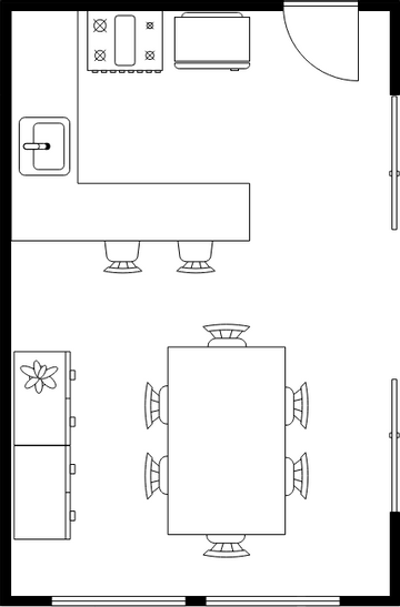 餐厅平面图 模板。带开放式厨房的餐厅平面图 (由 Visual Paradigm Online 的餐厅平面图软件制作)