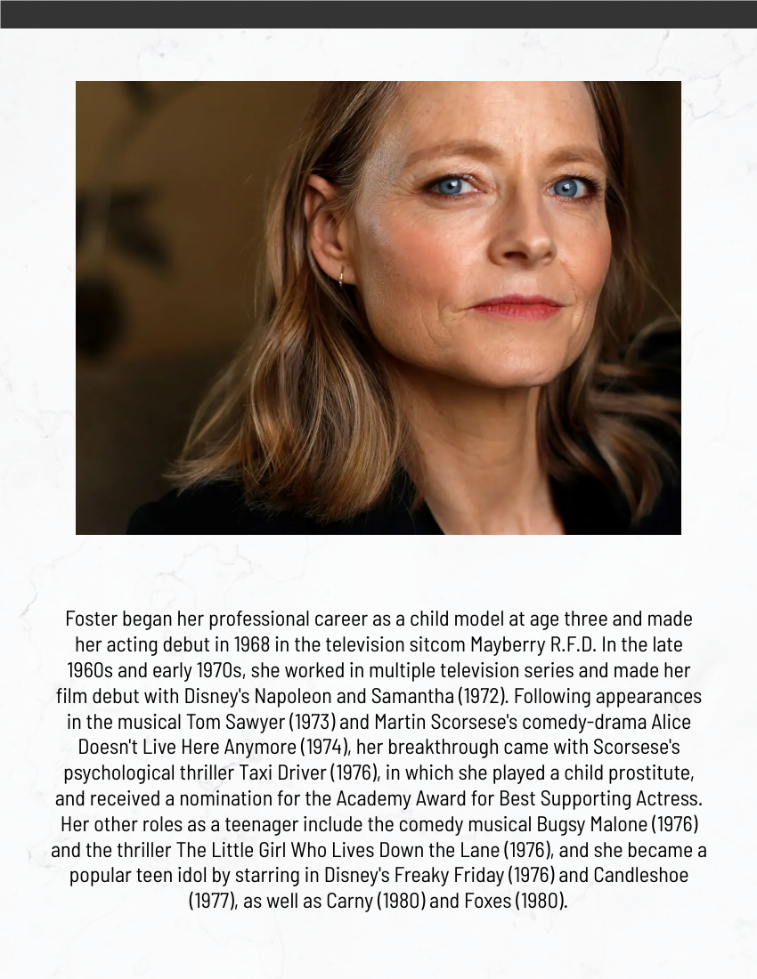 Biography template: Jodie Foster Biography (Created by Visual Paradigm Online's Biography maker)