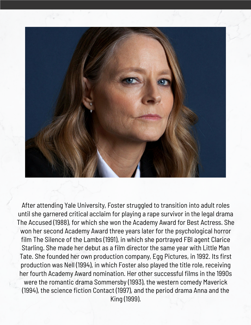 Biography template: Jodie Foster Biography (Created by Visual Paradigm Online's Biography maker)