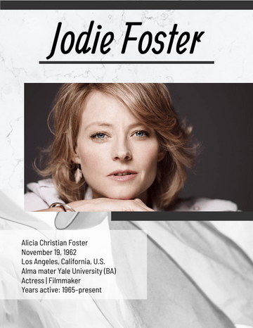 Biography 模板。Jodie Foster Biography (由 Visual Paradigm Online 的Biography软件制作)