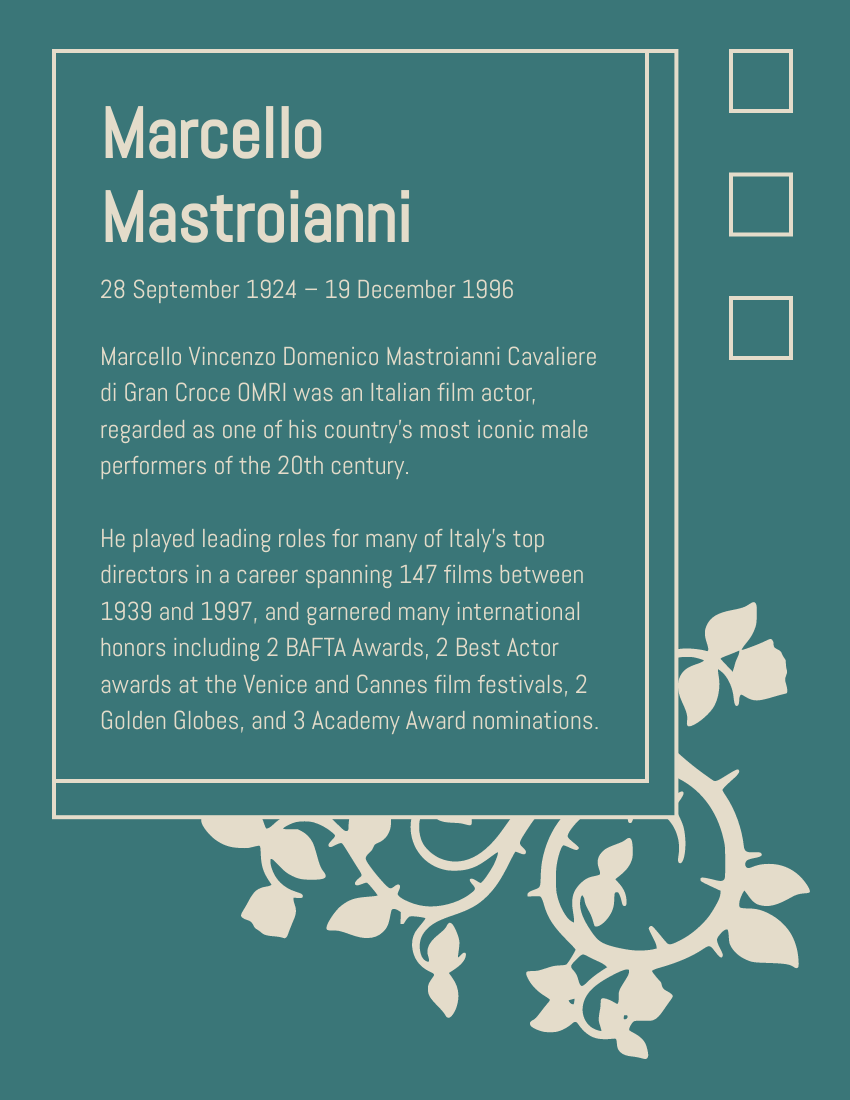 Biography template: Marcello Mastroianni Biography (Created by Visual Paradigm Online's Biography maker)
