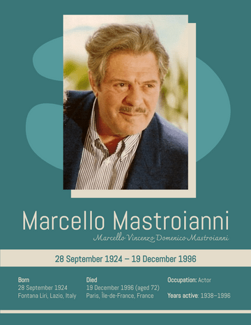 Biography 模板。Marcello Mastroianni Biography (由 Visual Paradigm Online 的Biography软件制作)