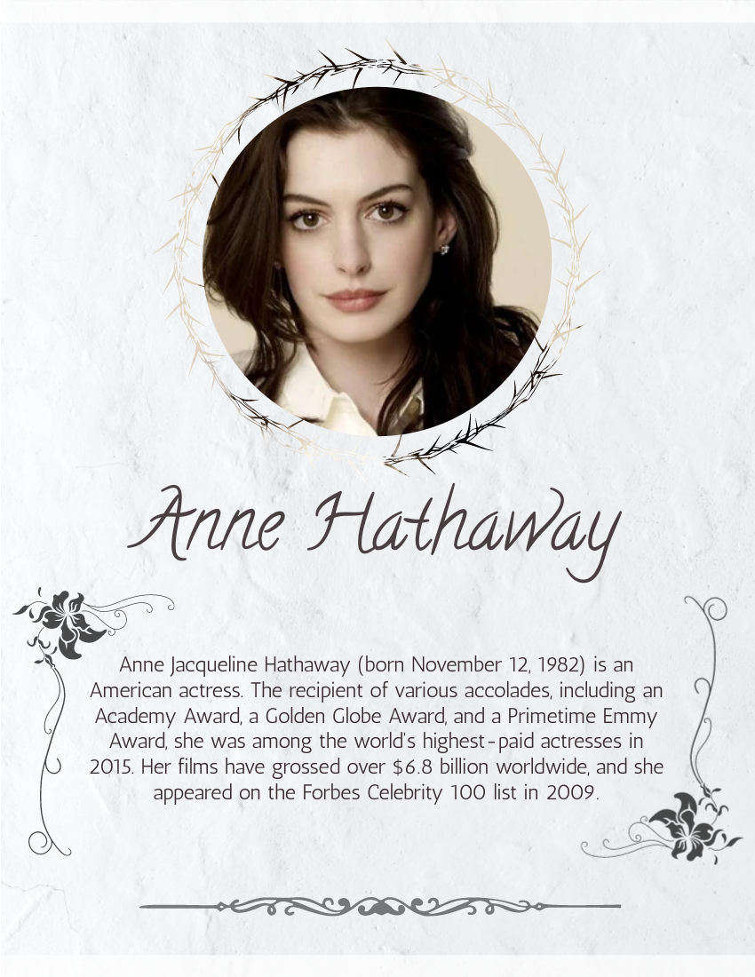 Biography template: Anne Hathaway Biography (Created by Visual Paradigm Online's Biography maker)
