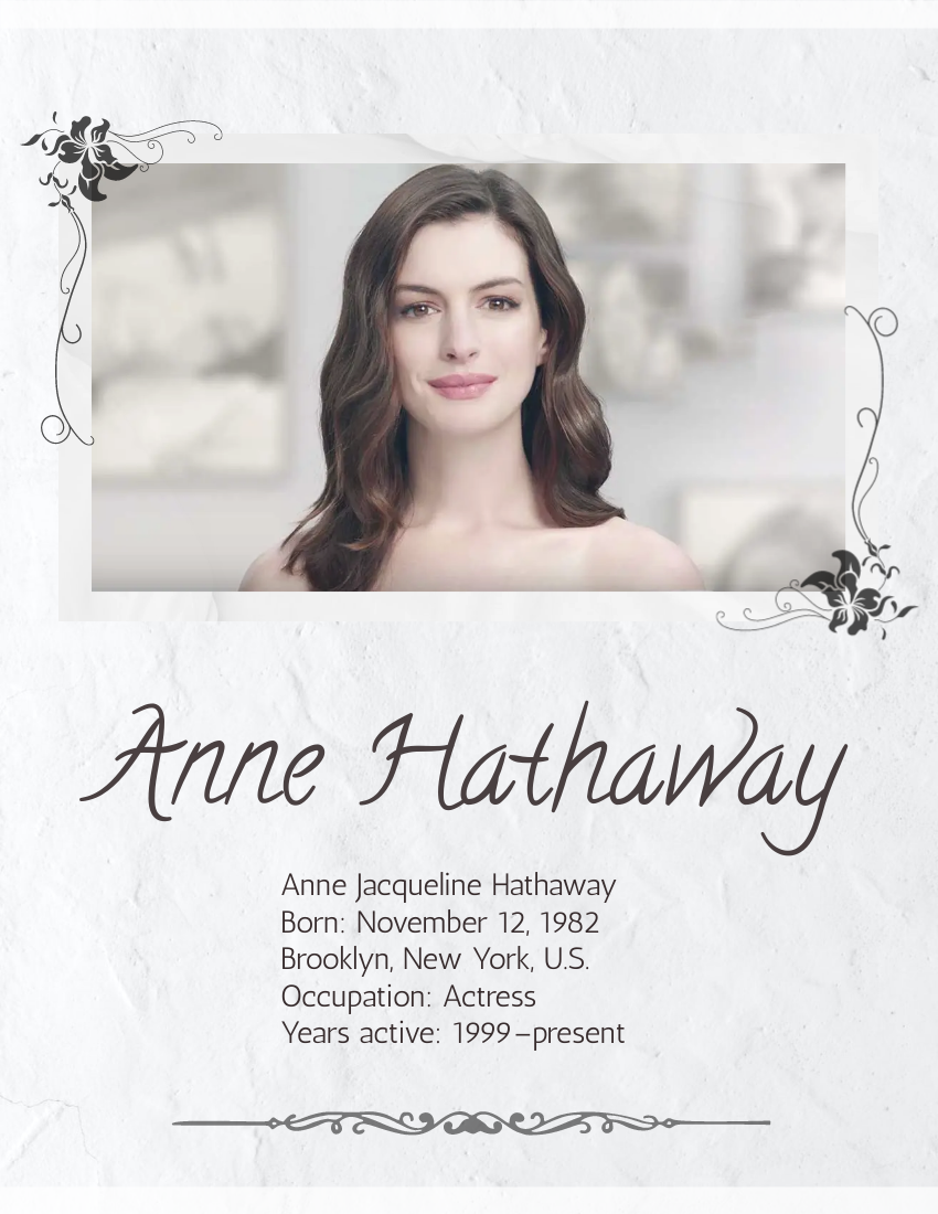 Biography template: Anne Hathaway Biography (Created by Visual Paradigm Online's Biography maker)